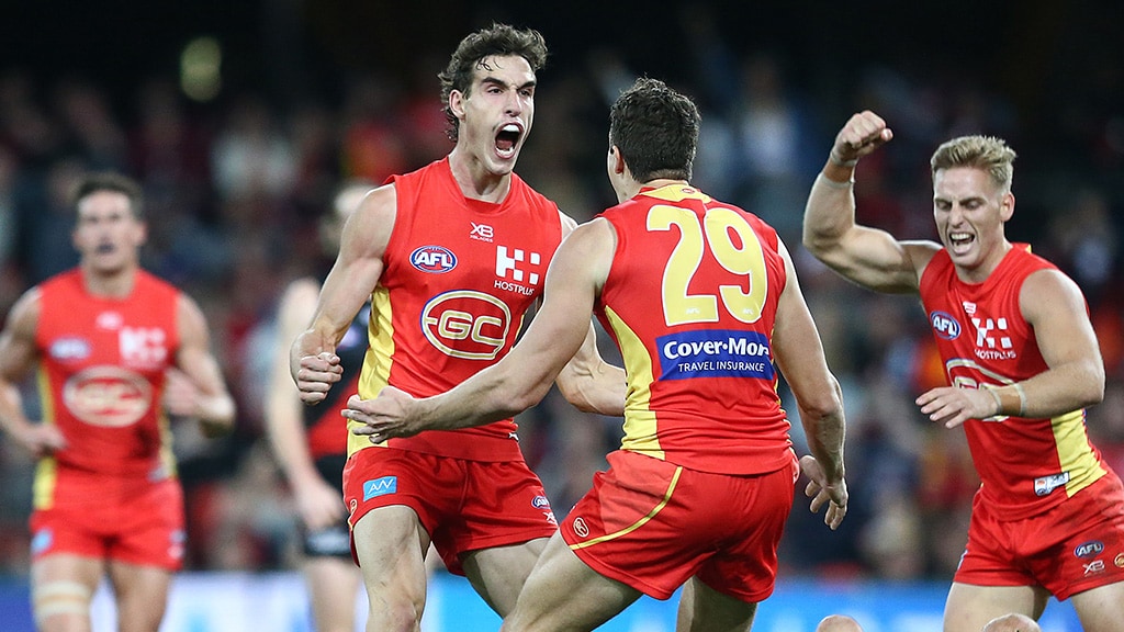 Ben King celebrates one of his four goals against the Donations. All Photos: AFL - AFL Photos, Rising Star, Ben King, Gold Coast Suns
